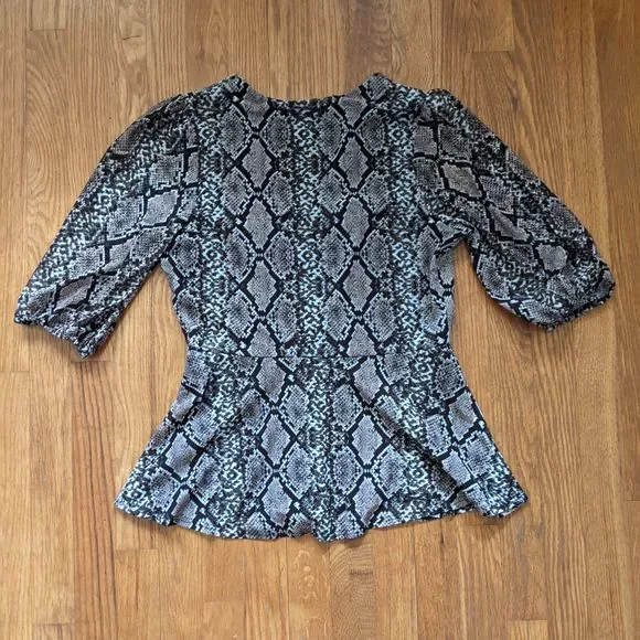 ember Beige Brown V-neck High Waist Peplum Blouse, Puff Sleeves, Snake P… - Picture 2 of 10